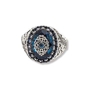 Silver Edwardian Faceted Blue Crystal and Round Hematite Ring Size 10